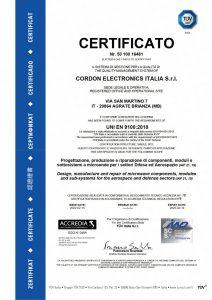 Certificato EN9100 Cordon Electronics Italia